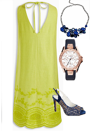 Leuchtend grünes Sommerkleid von Next im Einklang mit blauen Accessoires