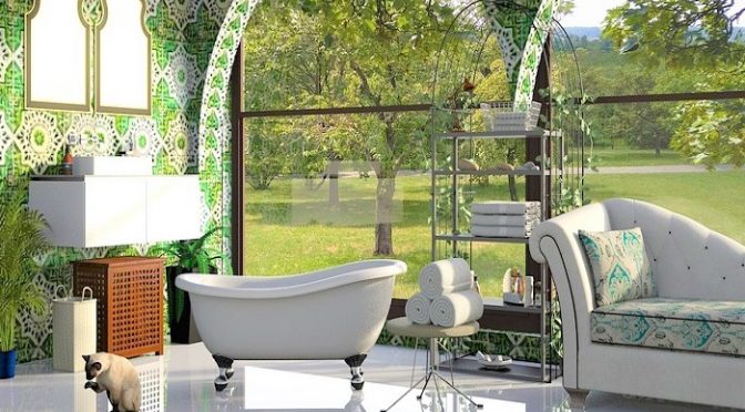 Luxus Badezimmer in weiß-grüner Edeloptik